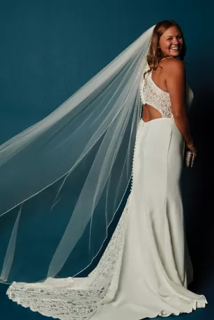 Sheer Back Crepe Wedding Dress With Lace Train 7 Sheer Back Crepe Wedding Dress With Lace Train - Image 7