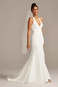 Sheer Back Crepe Wedding Dress With Lace Train
