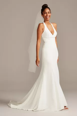 Sheer Back Crepe Wedding Dress With Lace Train 1 Sheer Back Crepe Wedding Dress With Lace Train