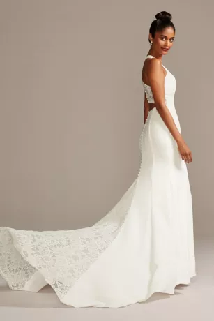 Sheer Back Crepe Wedding Dress With Lace Train 2 Sheer Back Crepe Wedding Dress With Lace Train - Image 2