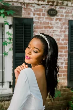 Low Back Mid-Sleeve Crepe And Satin Wedding Dress -Bridal Shop WG4005 2 PDP Crop JUN23 1920x2880