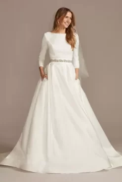 Low Back Mid-Sleeve Crepe And Satin Wedding Dress